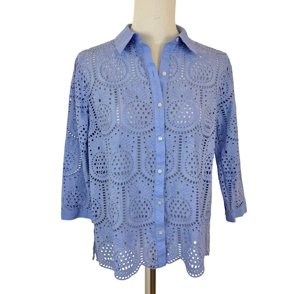 Lilly Pulitzer Gracee Tunic Shirt Top Pineapple Tile Eyelet Jacaranda Blue XL